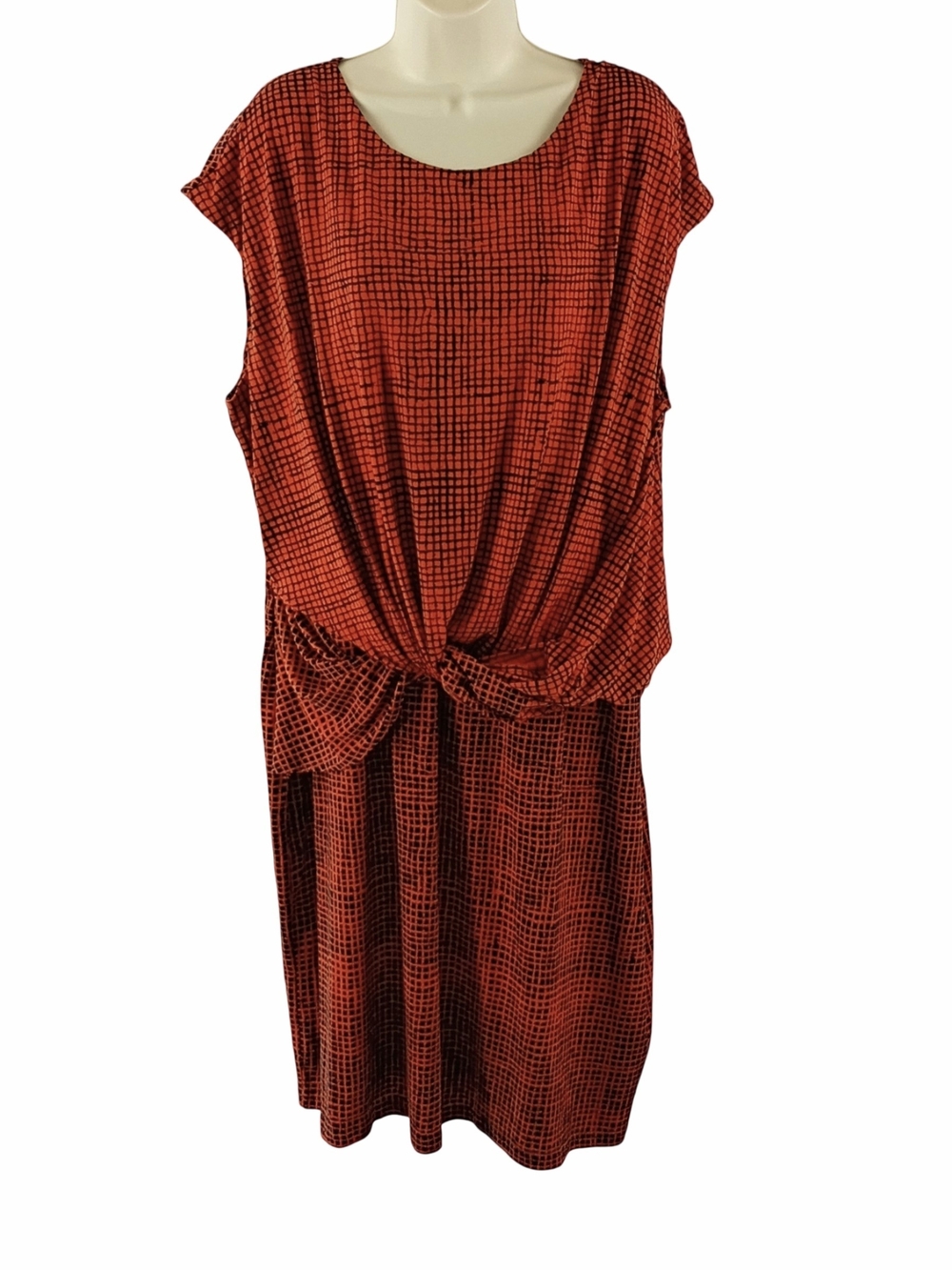 H by Halston Orange Grid Knot-Front Midi Dress